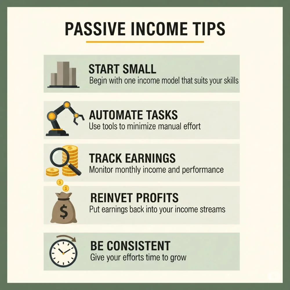 Infographic showing 5 passive income tips with icons: start small, automate, track earnings, reinvest, and be consistent.