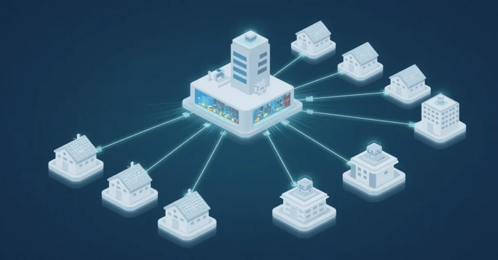 Modern illustration of a Passive Optical Network (PON) with an OLT connected to homes via fiber cables, splitters, and ONTs, using tech icons and glowing lines.