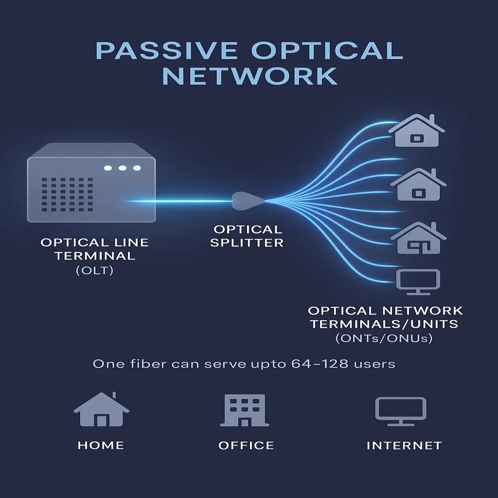 Modern PON diagram showing data flow from a central OLT through a splitter to multiple ONTs at homes and offices via glowing fiber lines. 