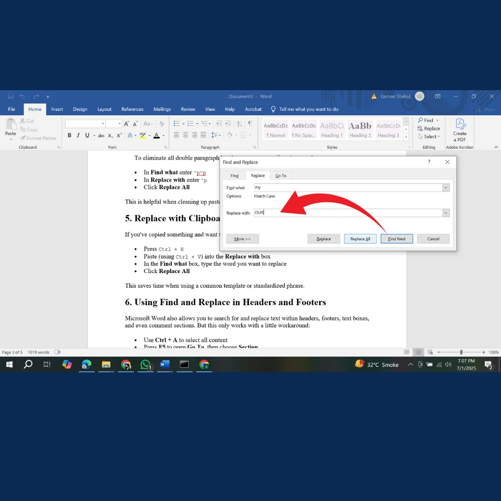 User pasting text into the "Replace with" box using keyboard shortcut Ctrl + V. 