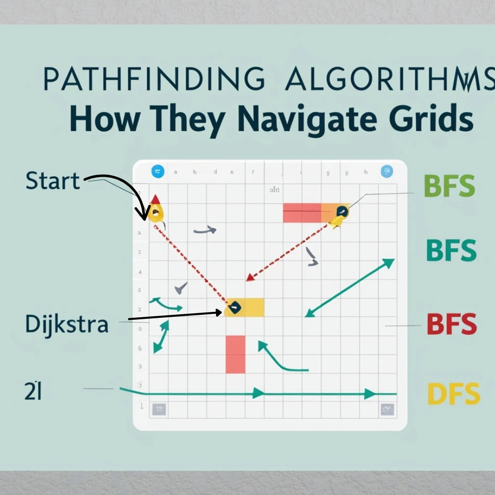 Infographic showing a grid with different pathfinding algorithms A, Dijkstra, BFS, and DFS illustrated with colored paths from start to goal.