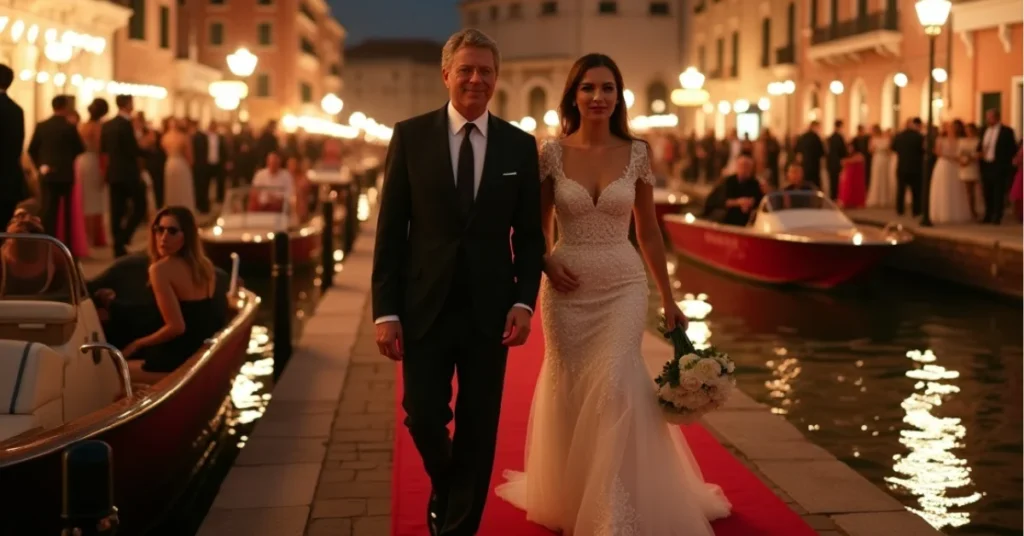Elegant couple walks red carpet by Venice canal at night, surrounded by boats, guests, and warm wedding lights.