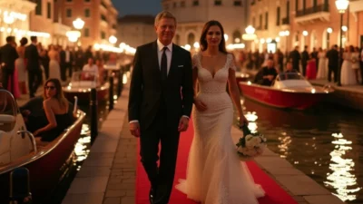 Elegant couple walks red carpet by Venice canal at night, surrounded by boats, guests, and warm wedding lights.