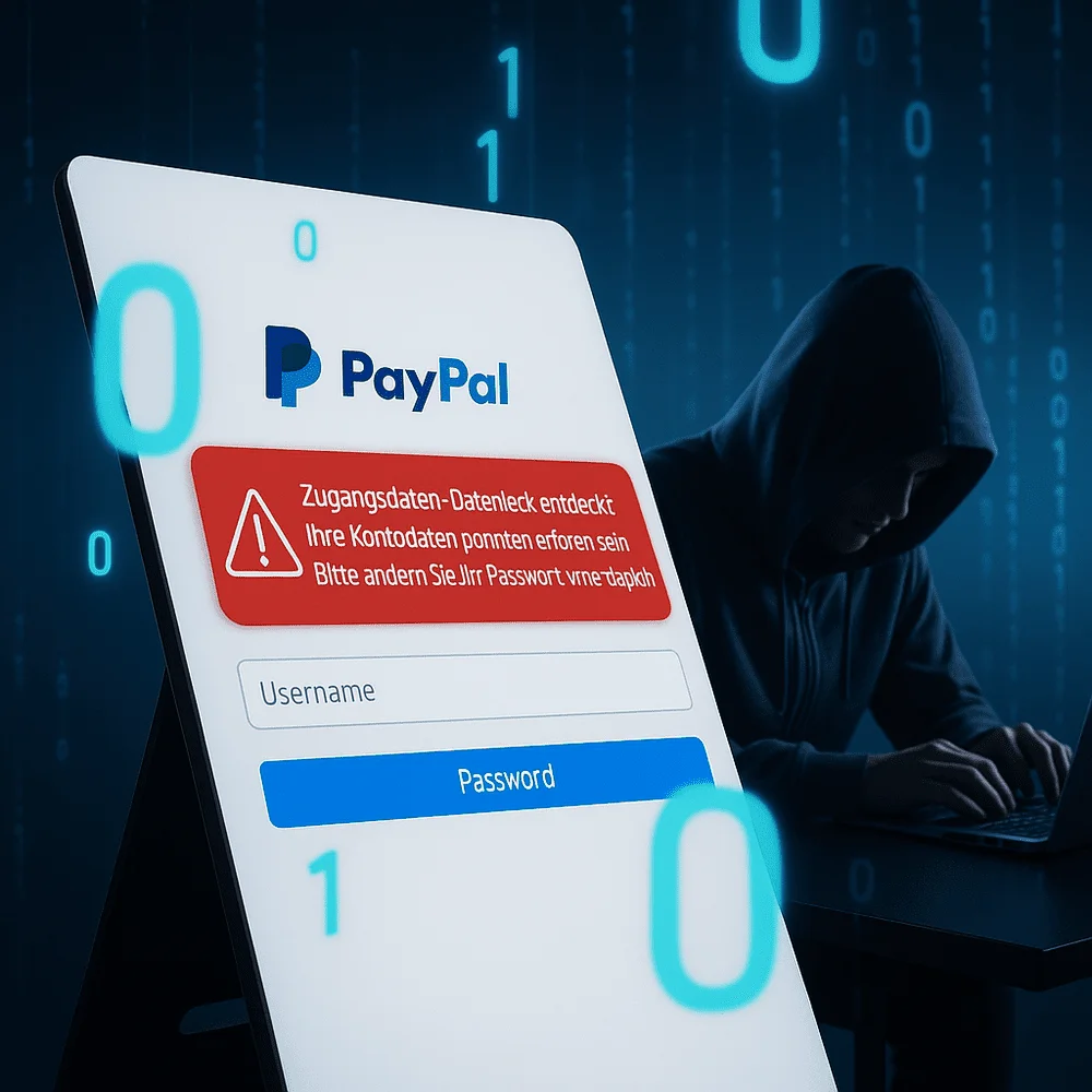 PayPal login screen with a red security alert in German warning about a data leak, alongside a hooded hacker in the background with binary code effects.