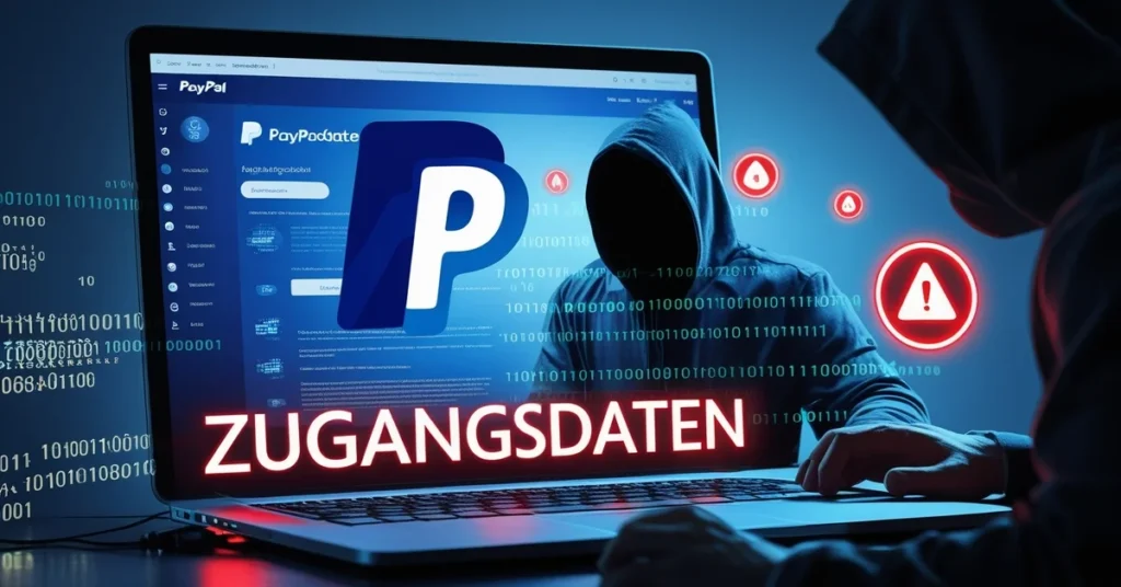 PayPal Zugangsdaten exposed, showing login screen with cybersecurity alert.