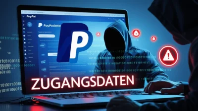 PayPal Zugangsdaten exposed, showing login screen with cybersecurity alert.