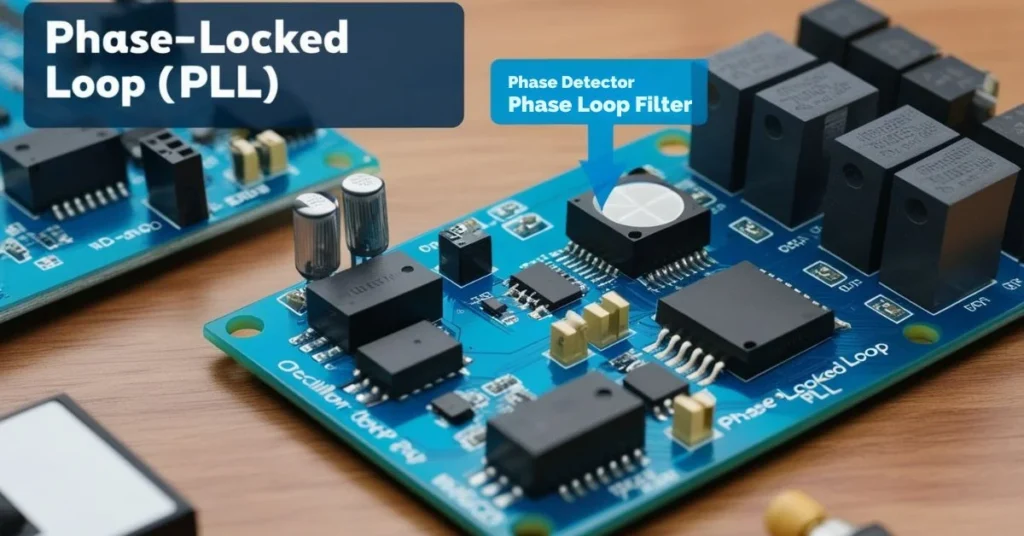 Close-up of a circuit board featuring a Phase-Locked Loop module in a real electronic device
