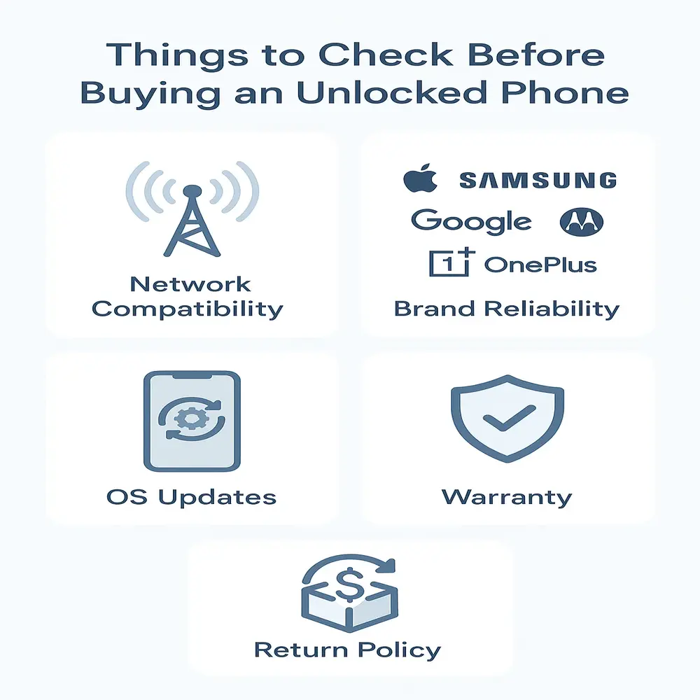 Five key tips for buying an unlocked phone: ensure compatibility, reliability, updates, warranty, and return options.