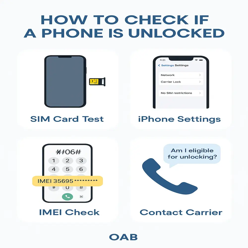 Close-up of a person inserting a SIM card into a smartphone, with blurred luggage in the background and the text “Unlocked Phone Guide” prominently displayed.