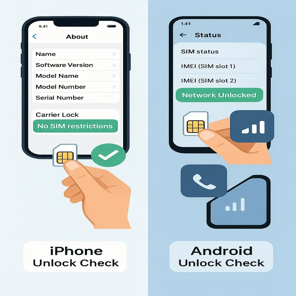 Illustration showing how to check if an iPhone or Android phone is unlocked using the settings menu and SIM card status. 