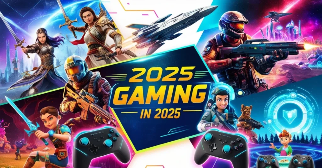 Futuristic gaming collage with action, fantasy, and sci-fi