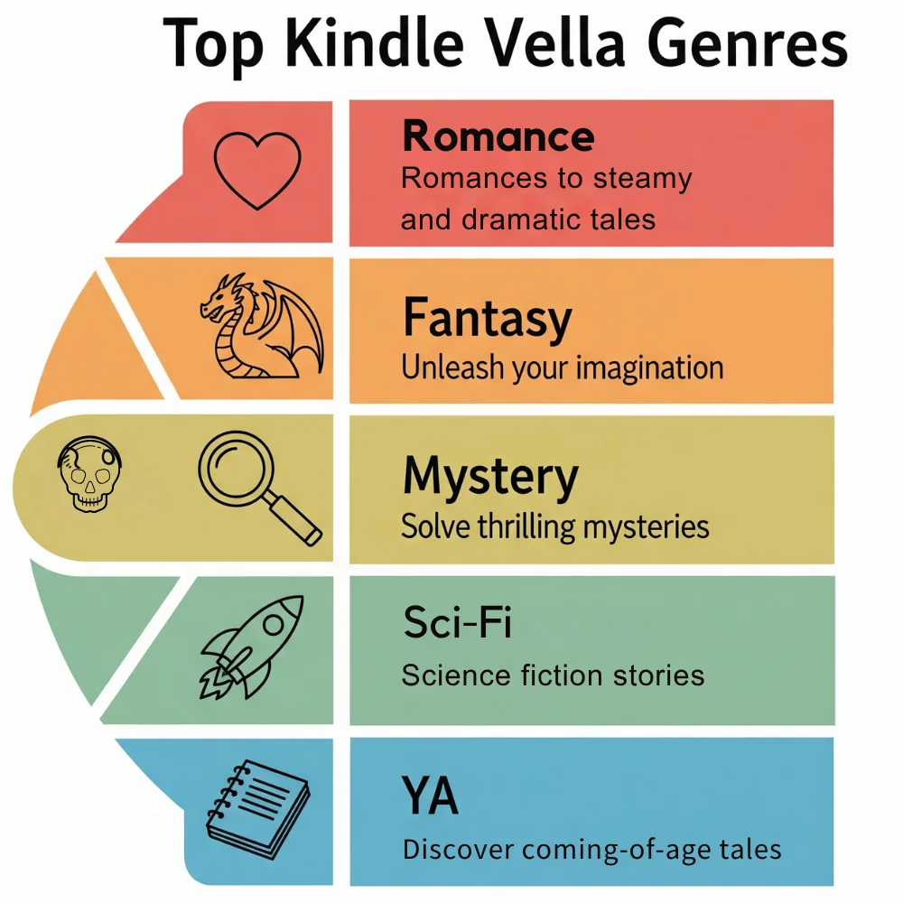 Top Kindle Vella genres shown with icons