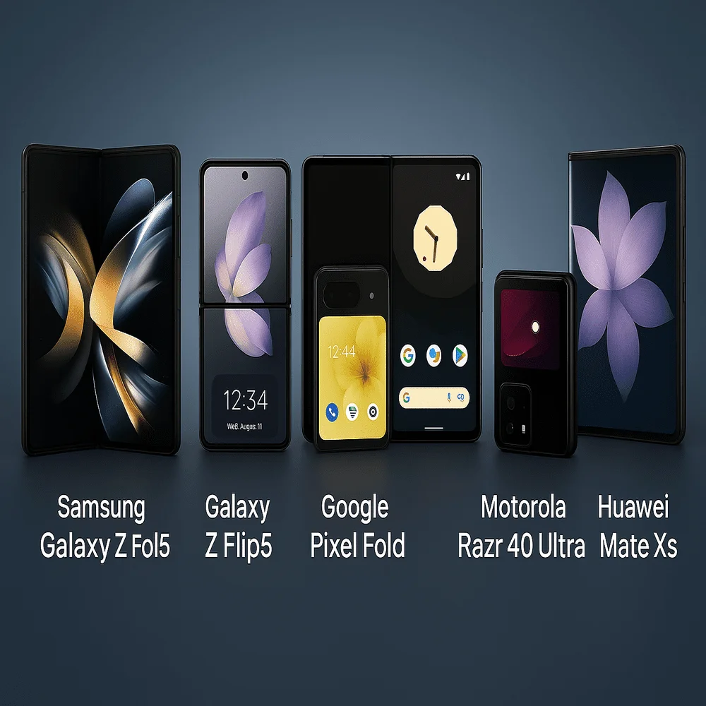 Image showing five foldable smartphones Galaxy Z Fold5 Z Flip5 Pixel Fold Razr 40 Ultra and Huawei Mate Xs 2 displayed side by side with their screens open and names labeled below 