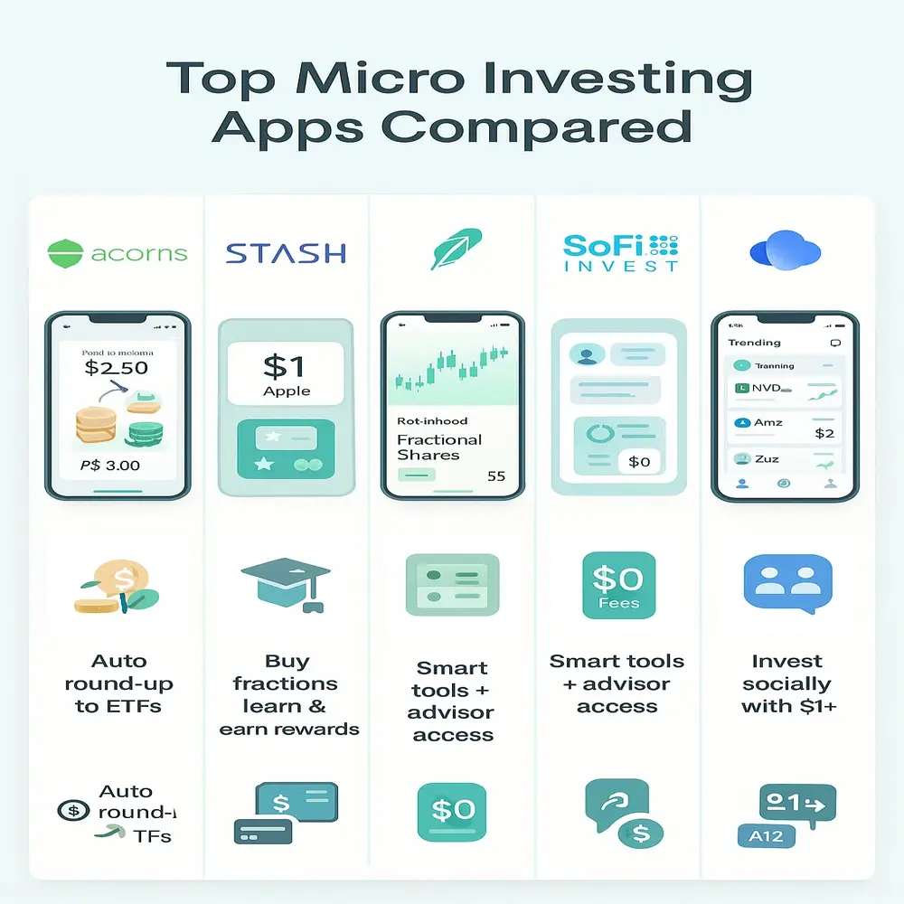 A modern infographic compares five popular micro investing apps, showcasing their unique features with clean visuals, app mockups, and a fintech-inspired design. 