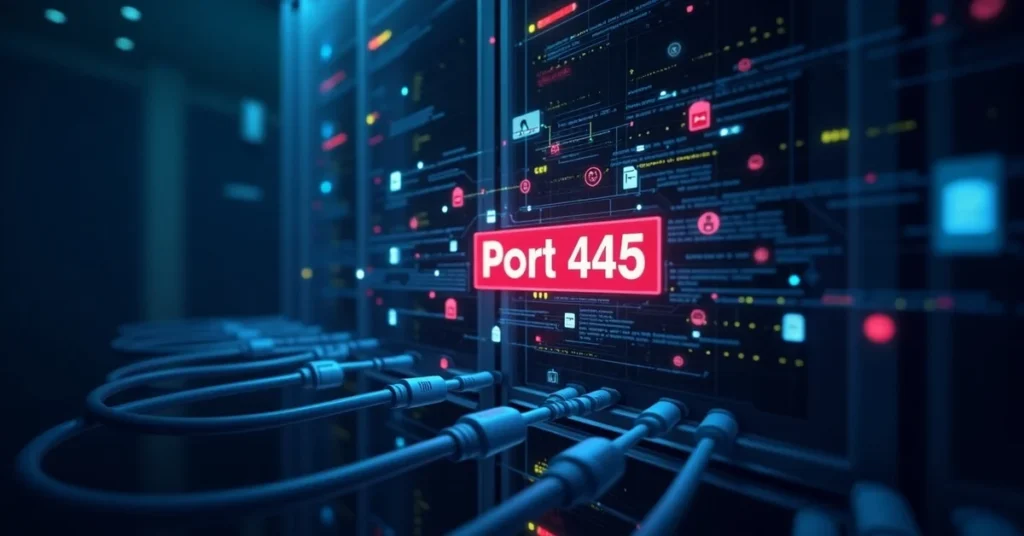 Digital server rack with network cables and a glowing red label "Port 445" highlighted, representing data flow and cybersecurity activity in a secure network environment.
