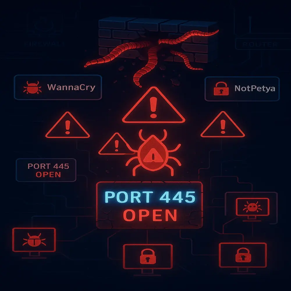 Illustration of cyber threats linked to Port 445 being open, with warning icons, malware symbols, and references to WannaCry and NotPetya attacks. 