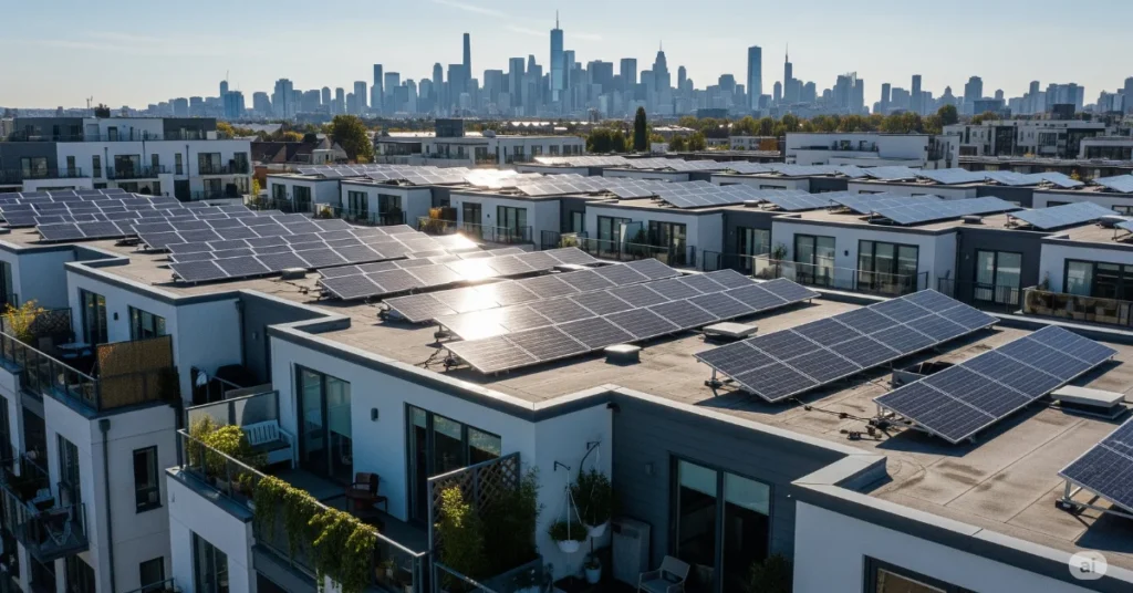 Futuristic city rooftop with solar tech and sun