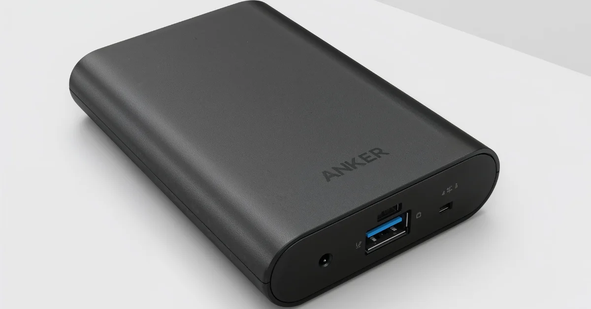 Anker PowerCore 10000 Power Bank in black, featuring USB-A, USB-C, and input ports, placed on a white surface
