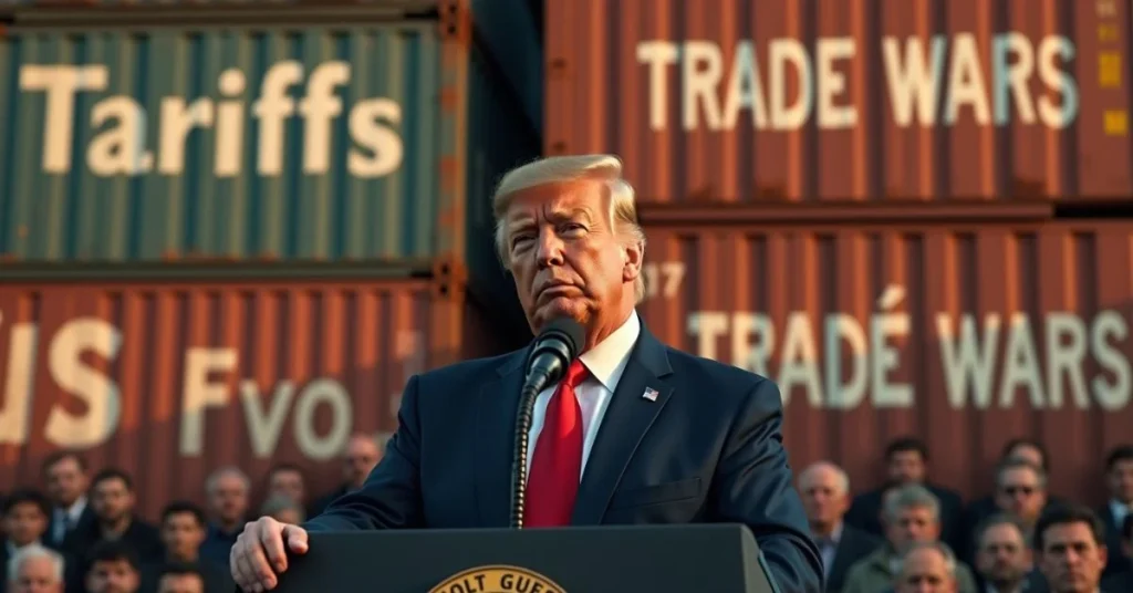 President Donald Trump speaks at a press conference about new trade tariffs, with shipping containers in the background representing international trade.
