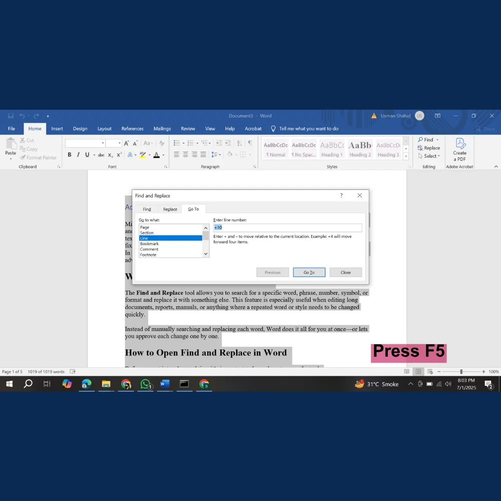User pressing F5 to access the Go To dialog box and navigate by section in a document. 