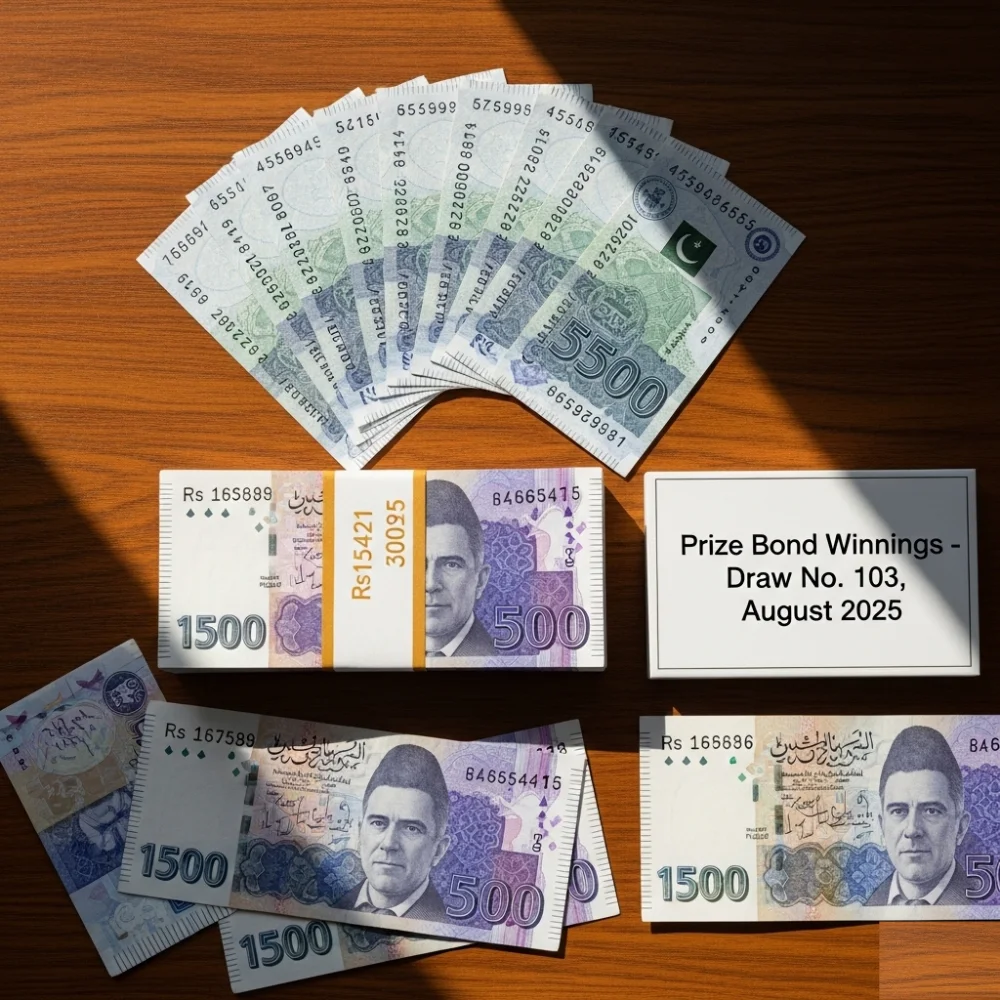 Rs 1,500 prize bond winnings for Draw No. 103 August 2025 with currency notes.