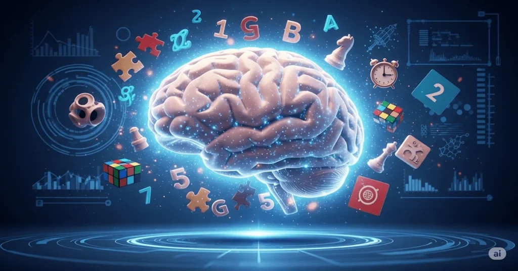 A 3D glowing brain with puzzle elements and game icons on a dark background, symbolizing Puzzle Games and their role in boosting brainpower and focus.