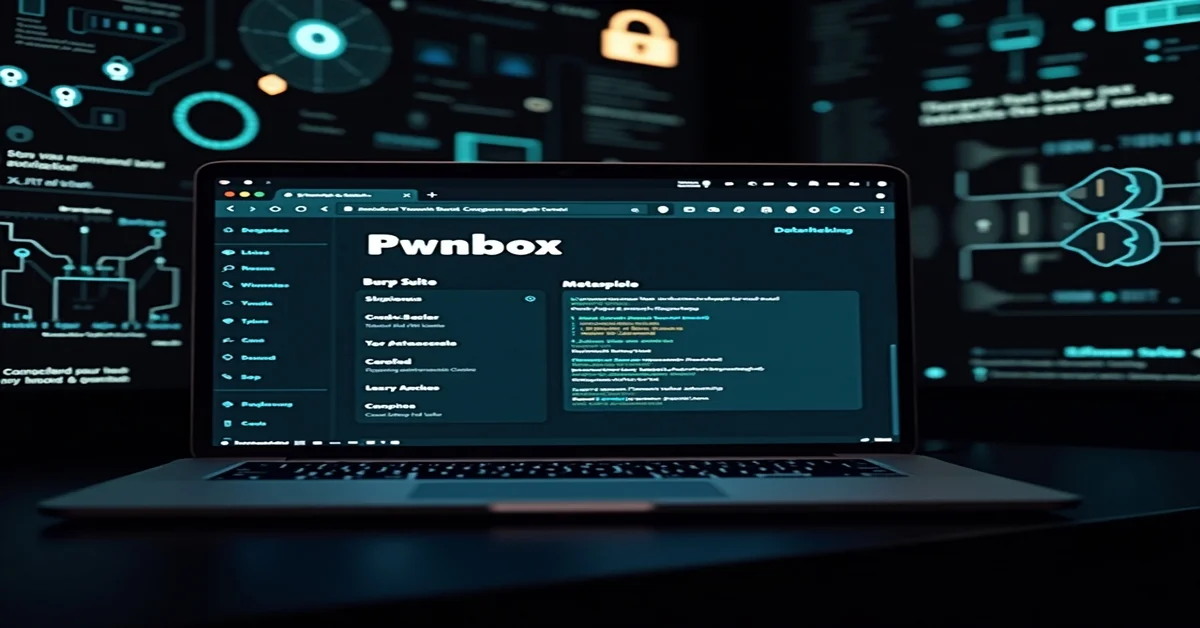 Laptop showing Pwnbox interface with hacking tools, set against a dark cybersecurity-themed background with code and digital visuals.