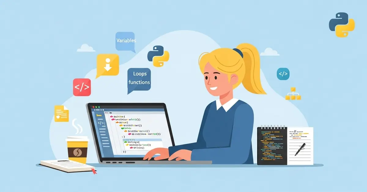 Girl learning Python on a laptop with coding icons and notes around her.