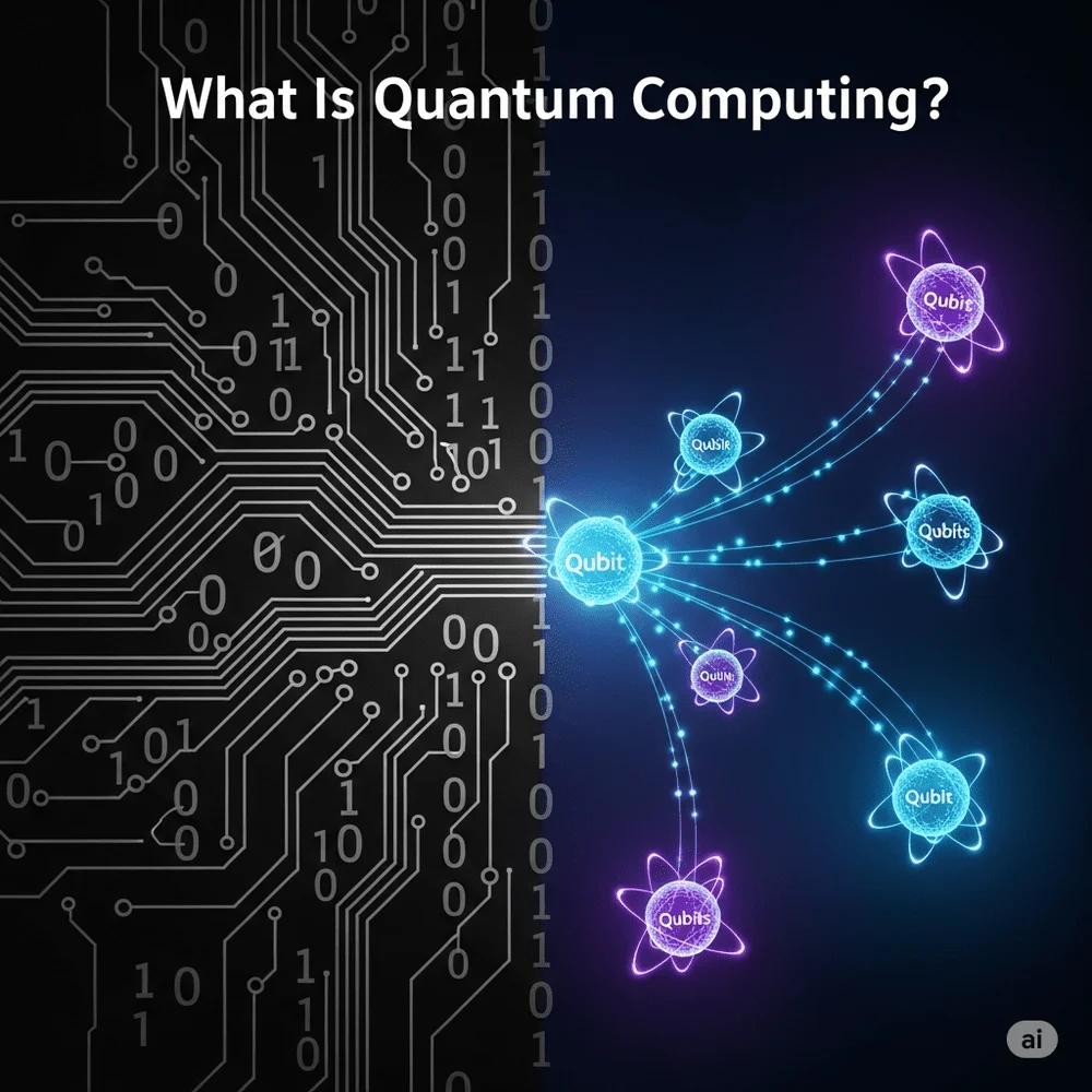 An image showing bits versus qubits, illustrating superposition and entanglement, with a "What Is Quantum Computing?" heading. 