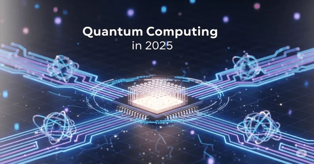 Futuristic digital artwork of quantum computing in 2025, featuring a glowing quantum chip, neon blue and violet circuits, floating qubits, and the text "Quantum Computing in 2025" in a sleek modern font.