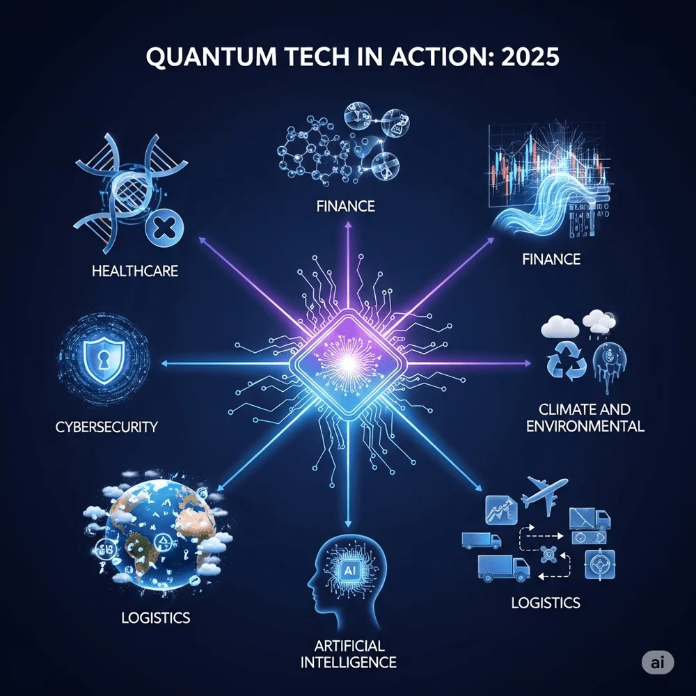 Infographic of quantum computing uses in 2025 across six key sectors, centered around a glowing quantum chip with neon accents. 