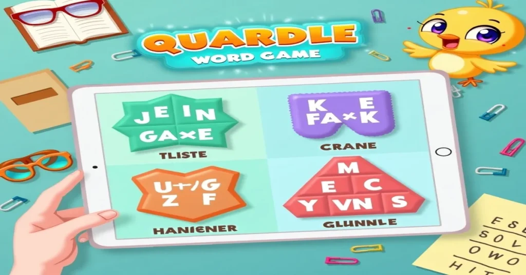 Playful "Quardle Word Game" image with colorful puzzles, mascot, and educational elements on a tablet.
