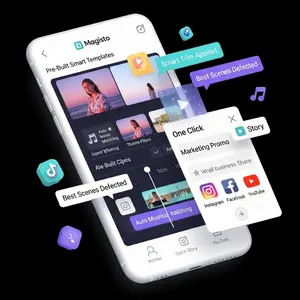 Magisto video editor interface with smart templates, AI-selected clips, music matching, and quick-share buttons for social media platforms.