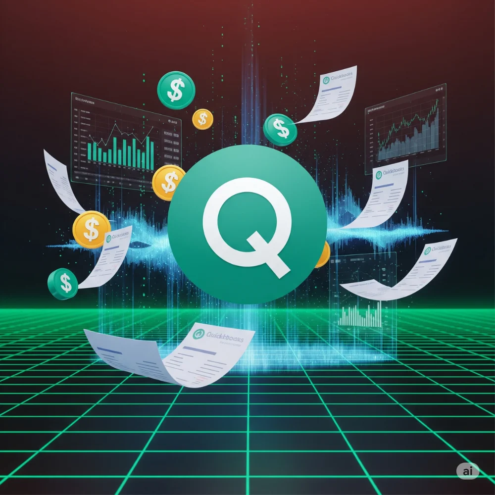 QuickBooks logo with finance icons, dark theme