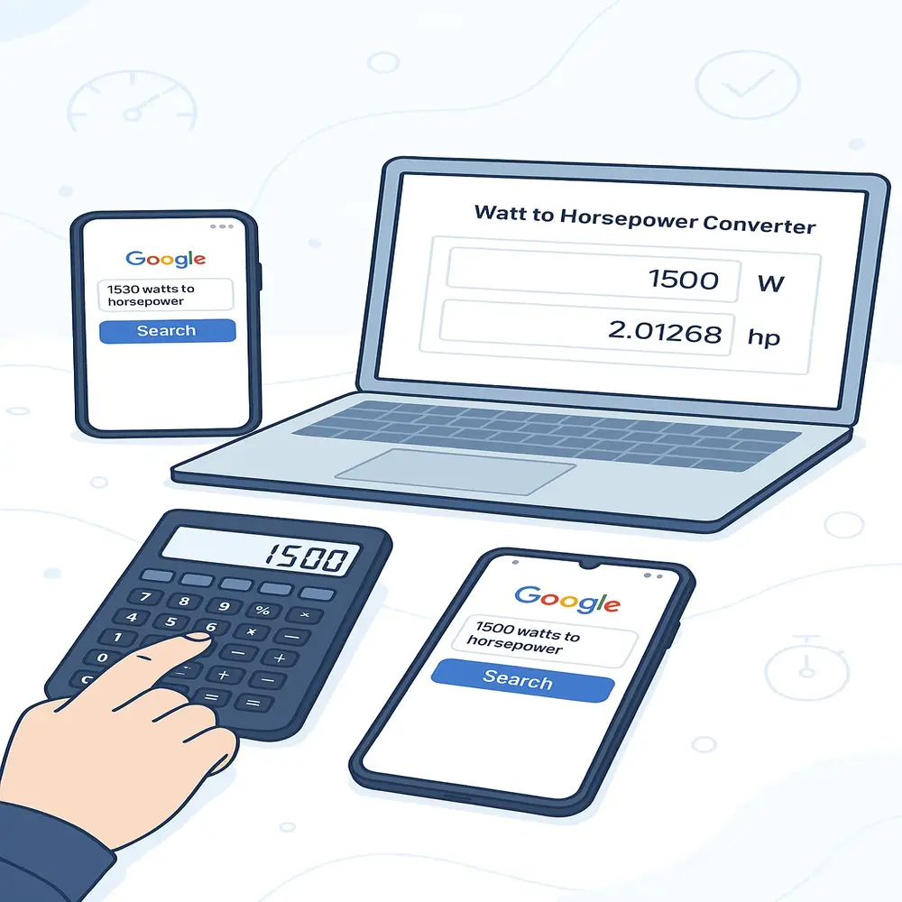 Illustration of watt to horsepower conversion using a calculator, online tool, and Google search on desktop and mobile devices. 