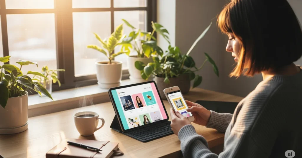 Person using tablet and phone in creative setup.