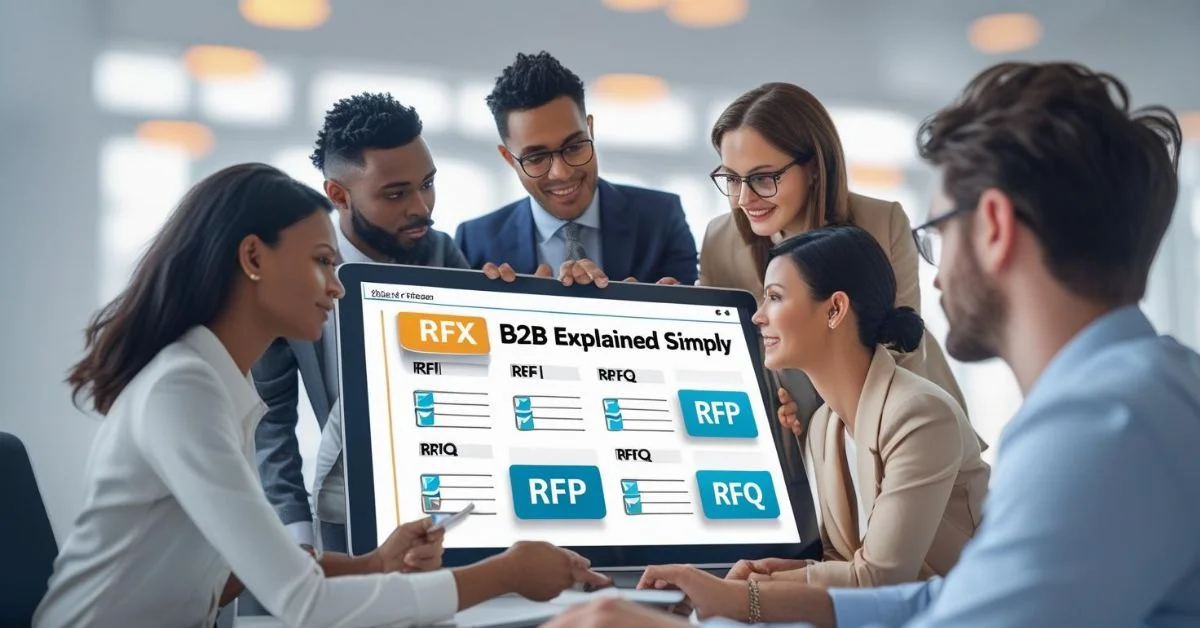 A group of professionals discusses RFX B2B strategies around a large screen displaying RFI, RFP, and RFQ options.