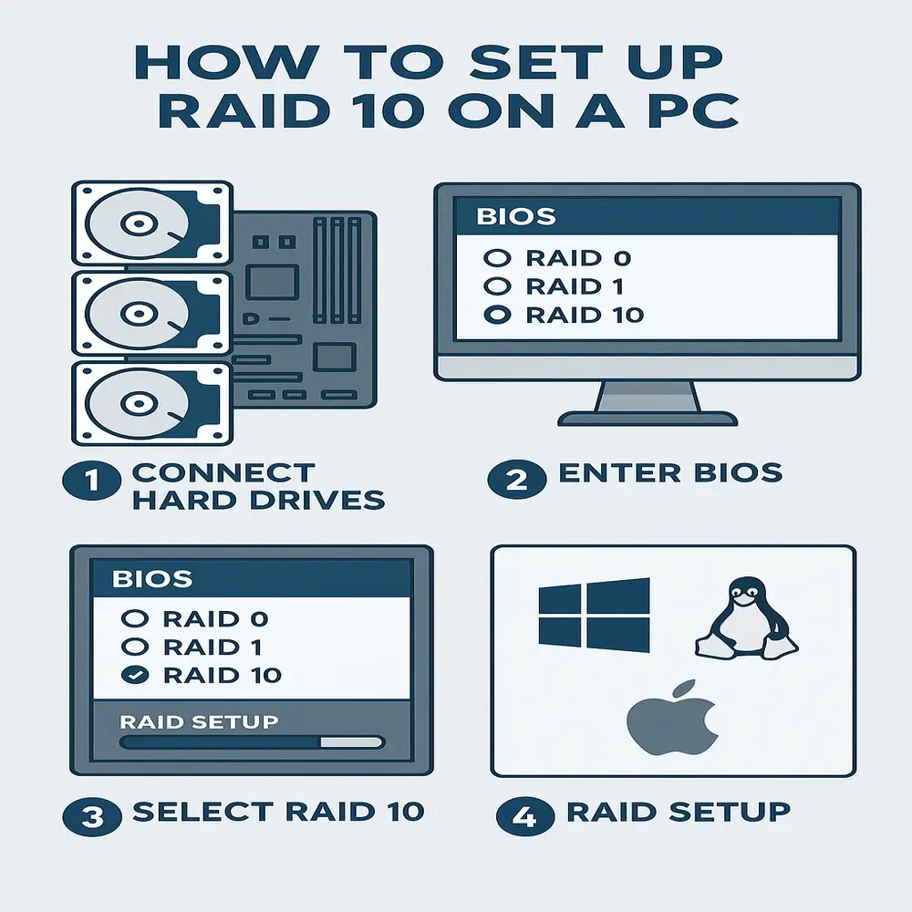 Illustration of RAID 10 setup process with hard drives, BIOS settings, and OS installation