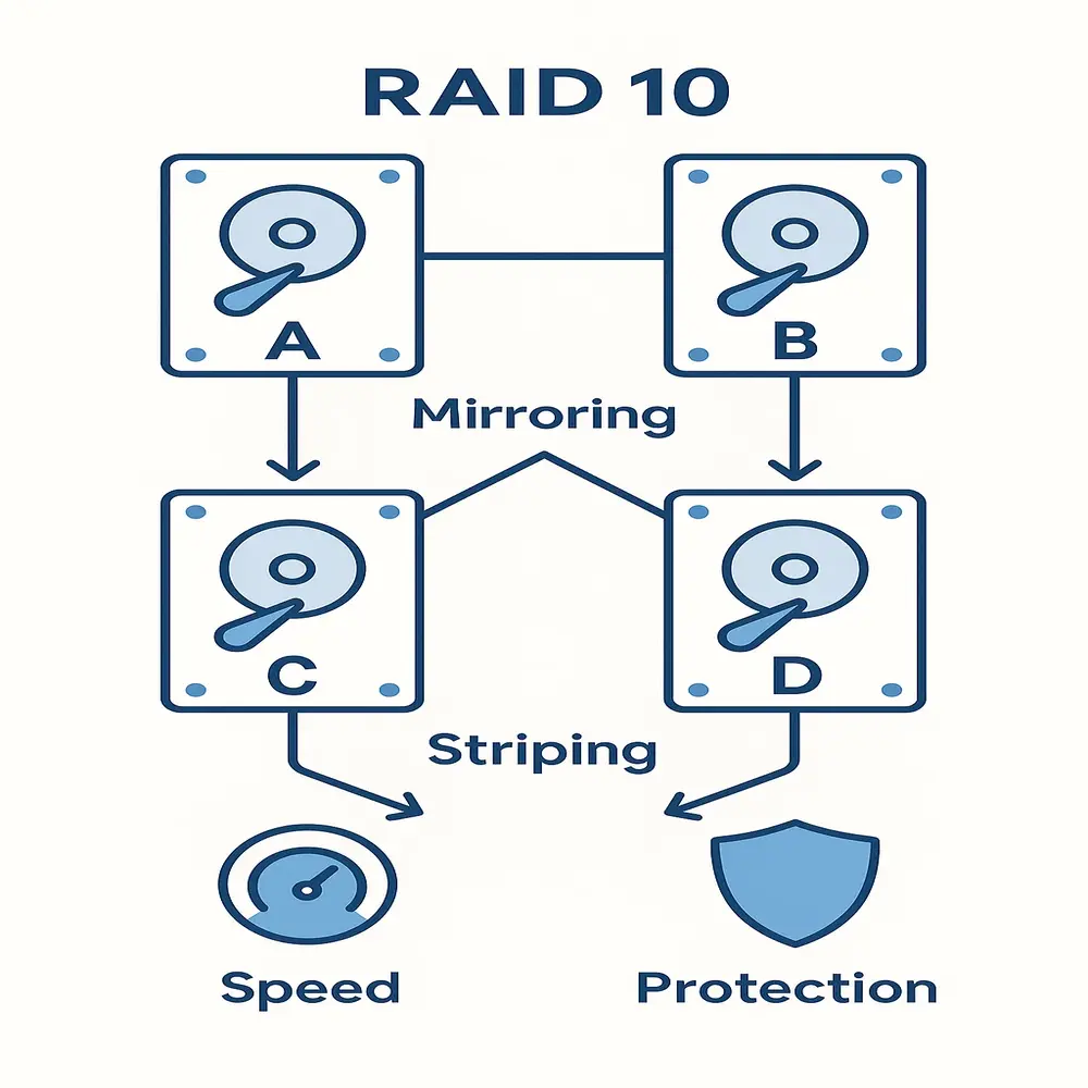 "RAID 10 diagram with four drives showing mirrored pairs and striped data paths for redundancy and speed" 