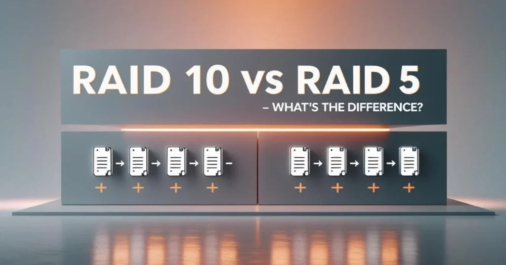 Visual comparison of RAID 10 and RAID 5 with labeled hard drive icons and title "RAID 10 vs RAID 5 "