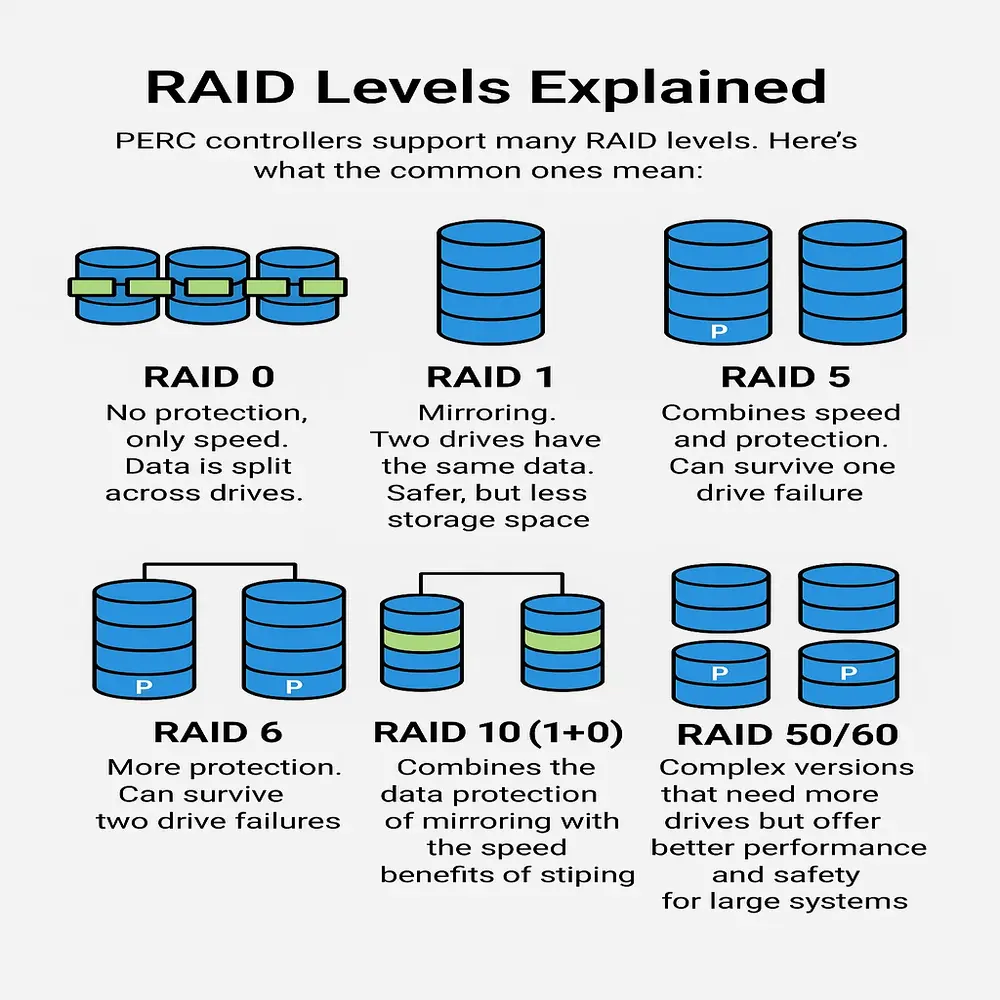 Visual summary of RAID levels with their speed and protection trade-offs.