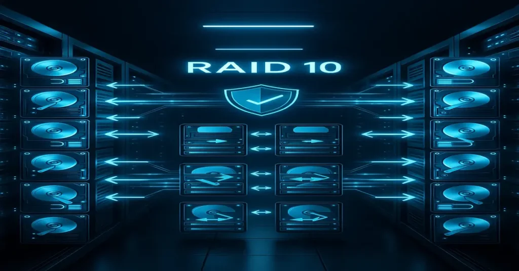 RAID 10 storage system showing mirrored and striped data in a modern server room.