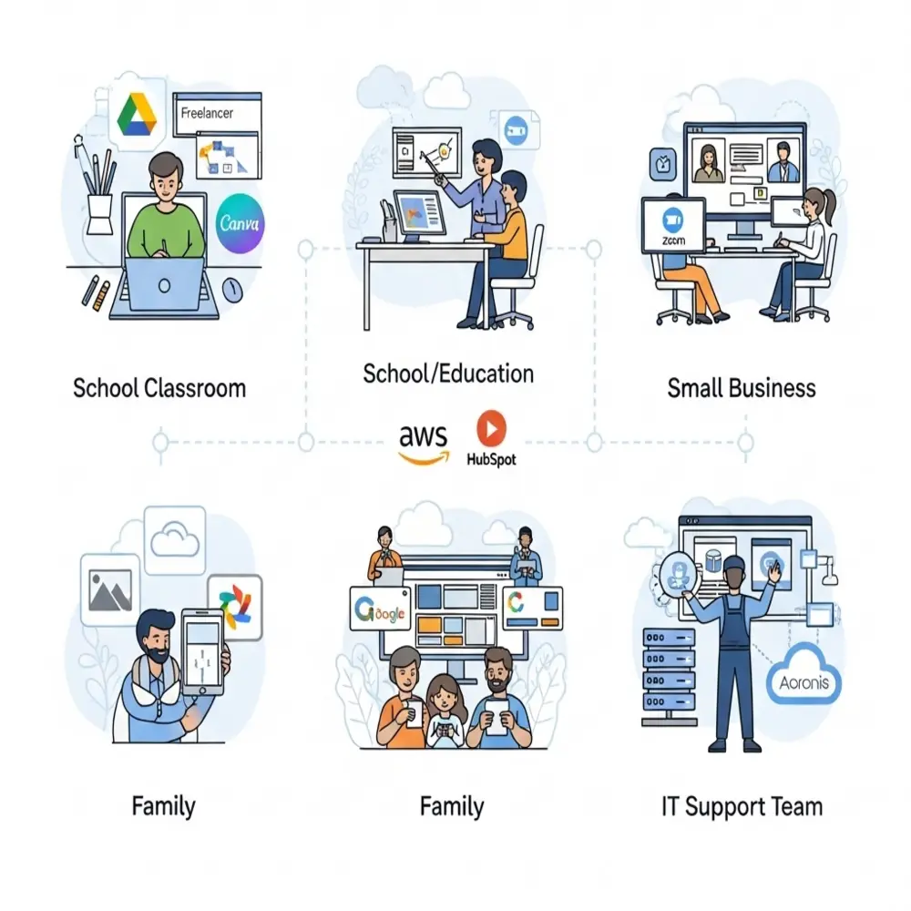 Illustration of tech use in classrooms, businesses, families, and IT teams.