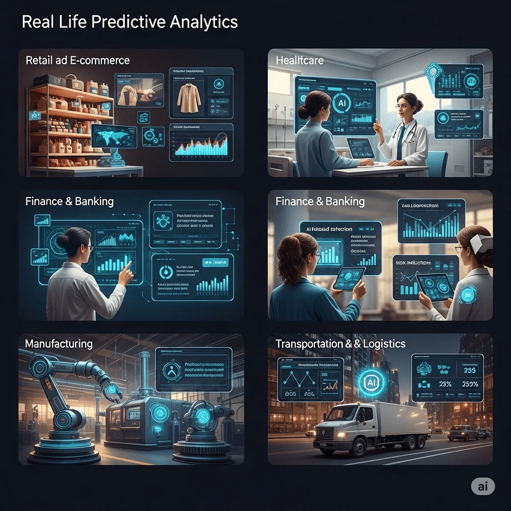 Illustration of AI predictive analytics in retail, healthcare, banking, manufacturing, and logistics with smart dashboards and a futuristic digital theme. 