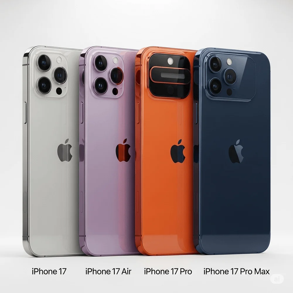 iPhone 17 Pro lineup render showing new camera design and color options ahead of official Apple release date.