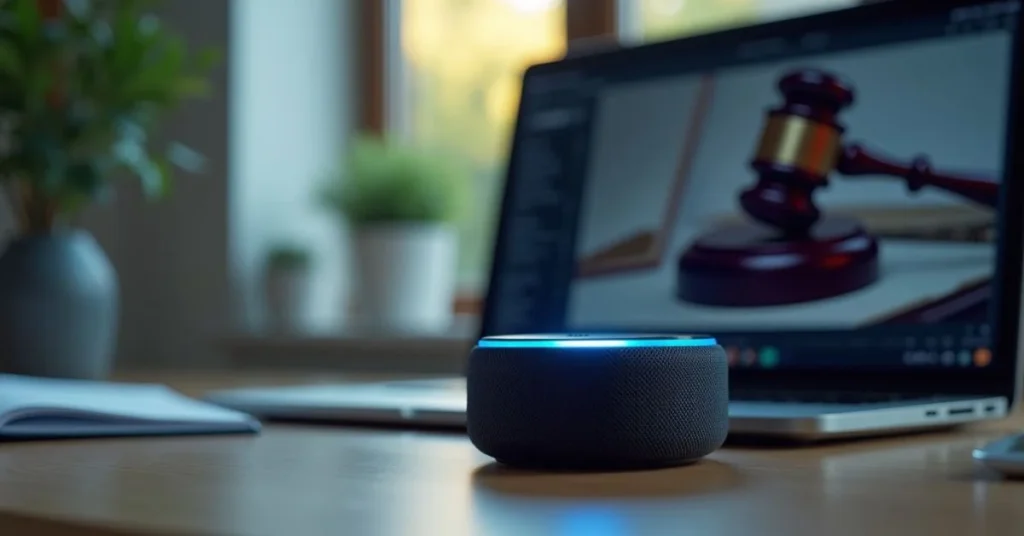 Amazon Echo smart speaker with active blue ring on a desk, showing realistic home or office setup with hints of legal and tech issues in the background.