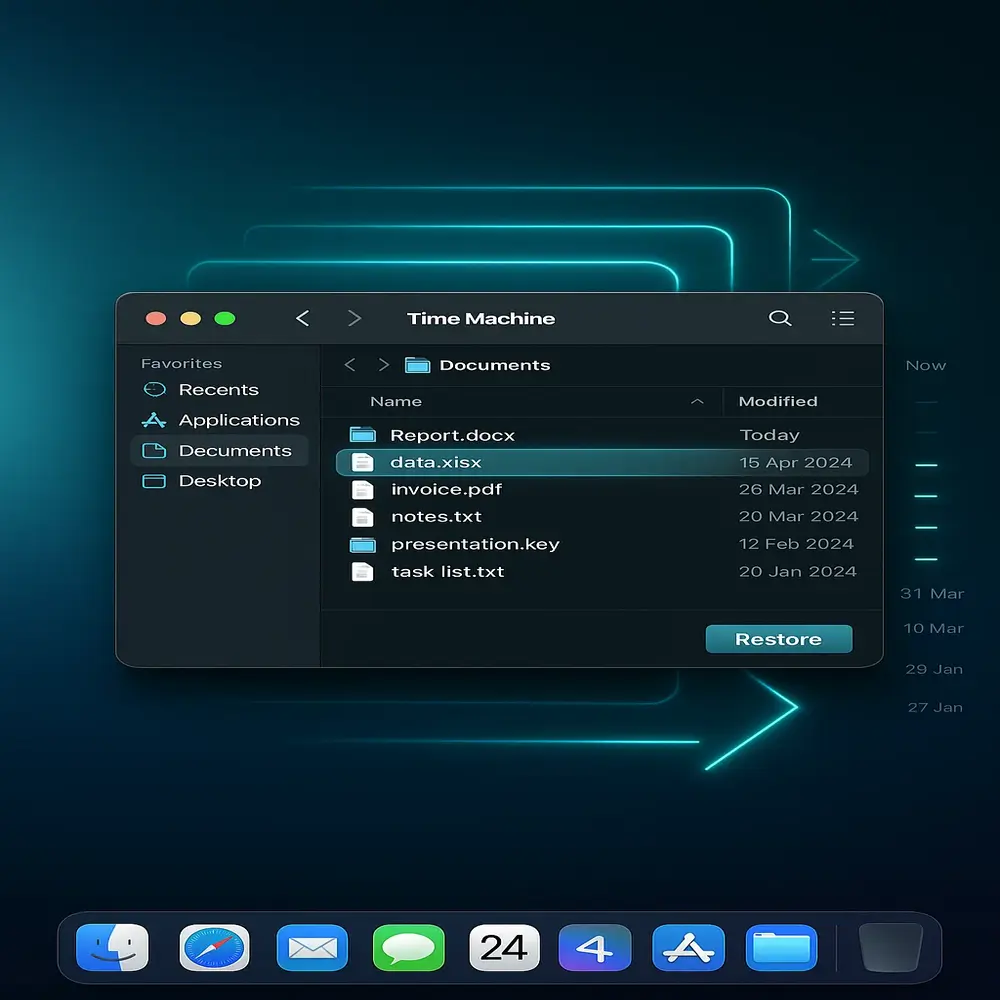Mac Time Machine interface showing a user browsing file history and restoring a previous version of a deleted file using the timeline. 