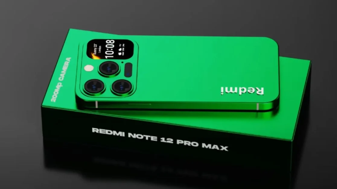 Redmi Note 13 Pro Max smartphone in green color with triple rear cameras, displayed on its box.