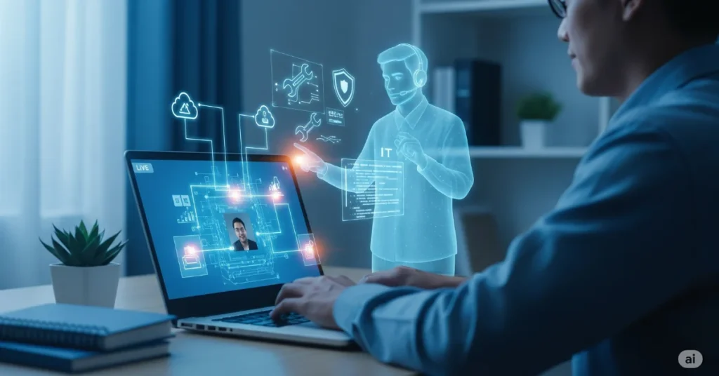 Holographic IT expert giving remote tech help
