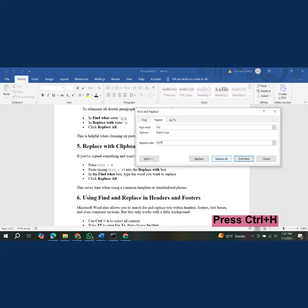 Find and Replace window open with Ctrl + H, showing extended search across the document. 